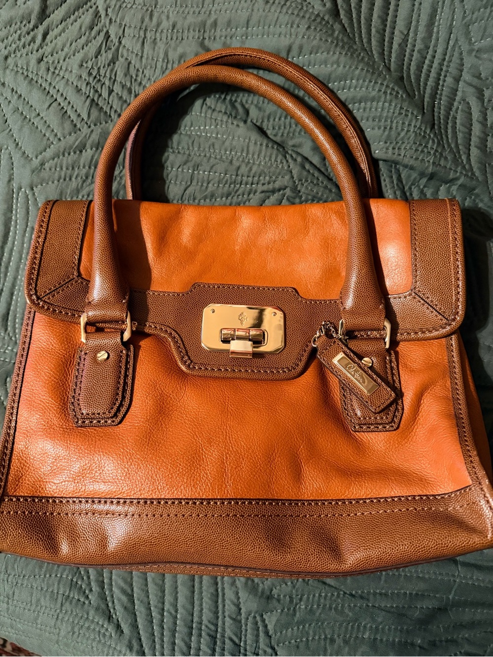 Cole Haan Two-Tone Brown and Tan Leather Satchel with Gold Hardware